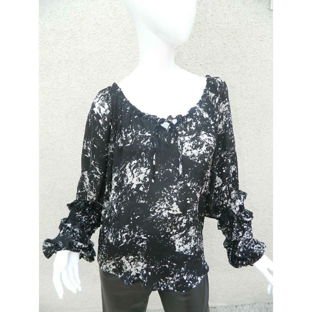 Parker‎ Shirt Black White Casual Ruffle Blouse Sz M